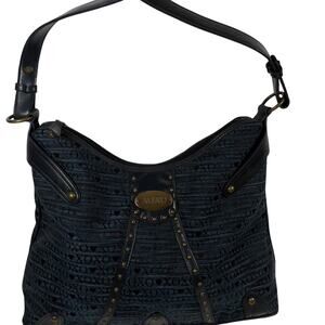 Large Vintage XOXO Hobo Blue Black Letters Brass Studded Y2K Zippered Tote Bag